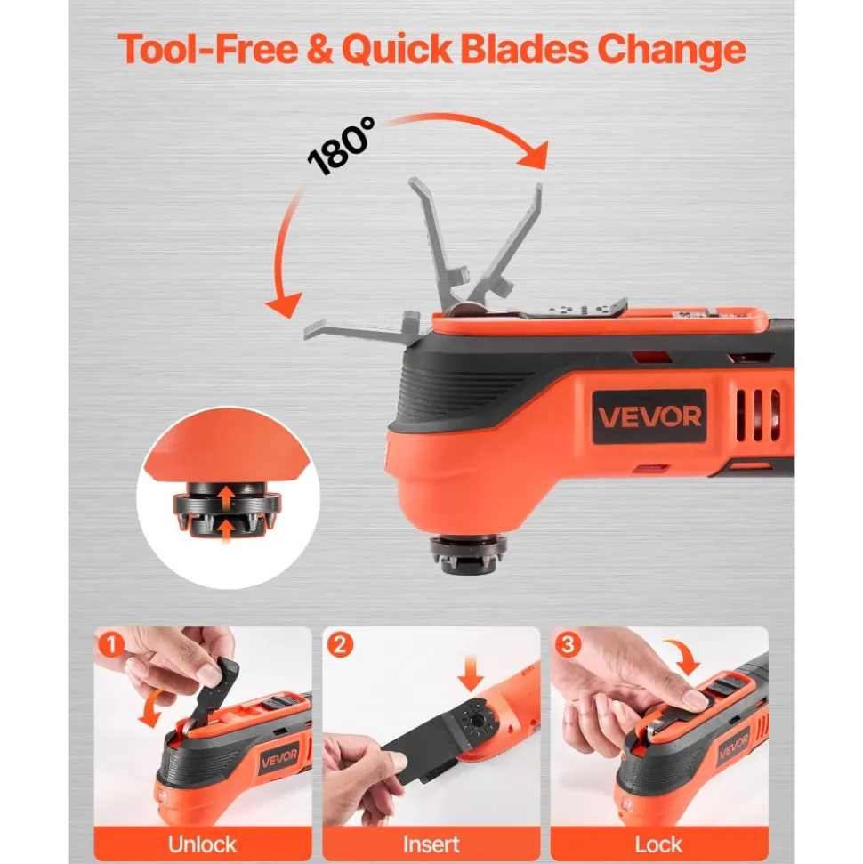 VEVOR Cordless Oscillating Tool, 12V Multitool Oscillating Saw Tool with 6 Variable Speeds 6000 - 17500 OPM, 3.2° Oscillation Angle, 2.0Ah Battery Pack & Charger, 8PCS Saw Accessories & LED Work Light