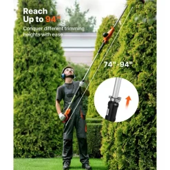 VEVOR Cordless Pole Hedge Trimmer, 20V Electric Bush Trimmer Kit with 18 Inch Double-Edged Steel Blade, 74-94 Inches Telescoping Design for High Branches (2.0Ah Battery and Fast Charger Included)