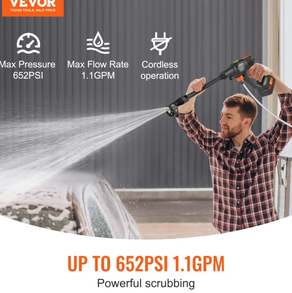 VEVOR Cordless Pressure Washer, 652-PSI 1.1 GPM Portable Power Cleaner, Handheld High-Pressure Car Washer Gun with 4.0Ah Battery, Charger, 6-in-1 Nozzle, for Home/Floor Cleaning & Watering