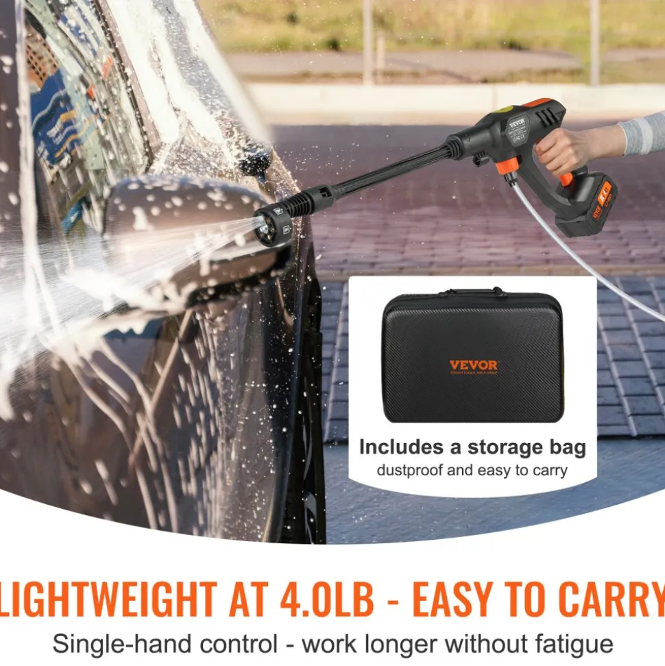 VEVOR Cordless Pressure Washer, 652-PSI 1.1 GPM Portable Power Cleaner, Handheld High-Pressure Car Washer Gun with 4.0Ah Battery, Charger, 6-in-1 Nozzle, for Home/Floor Cleaning & Watering