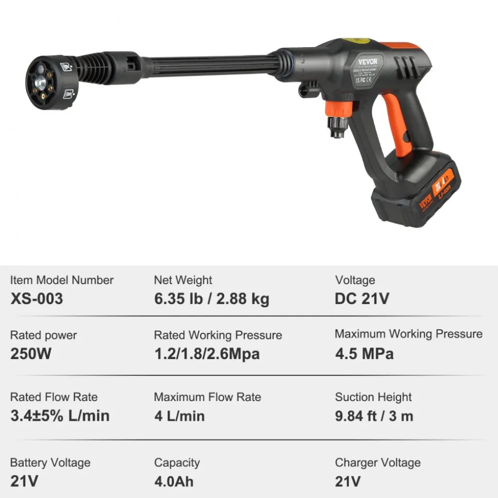 VEVOR Cordless Pressure Washer, 652-PSI 1.1 GPM Portable Power Cleaner, Handheld High-Pressure Car Washer Gun with 4.0Ah Battery, Charger, 6-in-1 Nozzle, for Home/Floor Cleaning & Watering