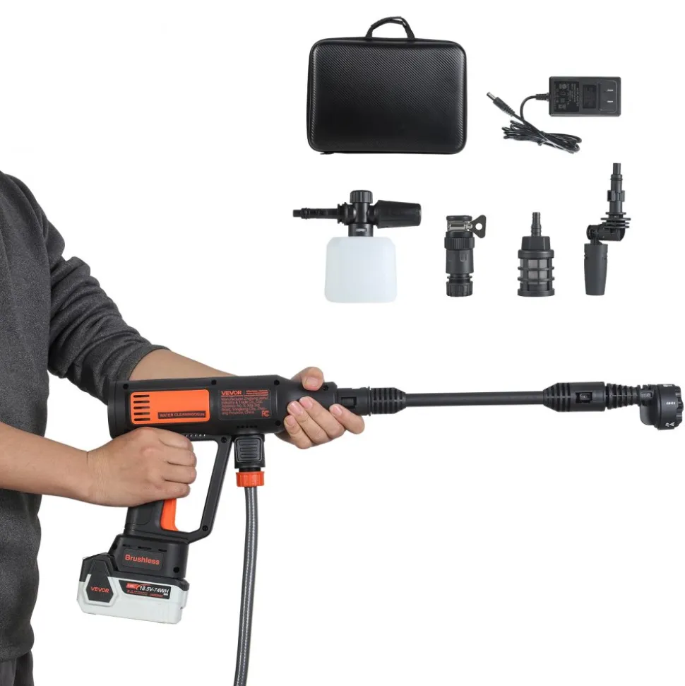 VEVOR Cordless Pressure Washer, 1200PSI MAX Portable Pressure Washer with Brushless Motor, 6-in-1 Nozzle & Water Hose, 4 Speed Adjustable, Battery Powered Handheld Power Cleaner for Home Garden Patio