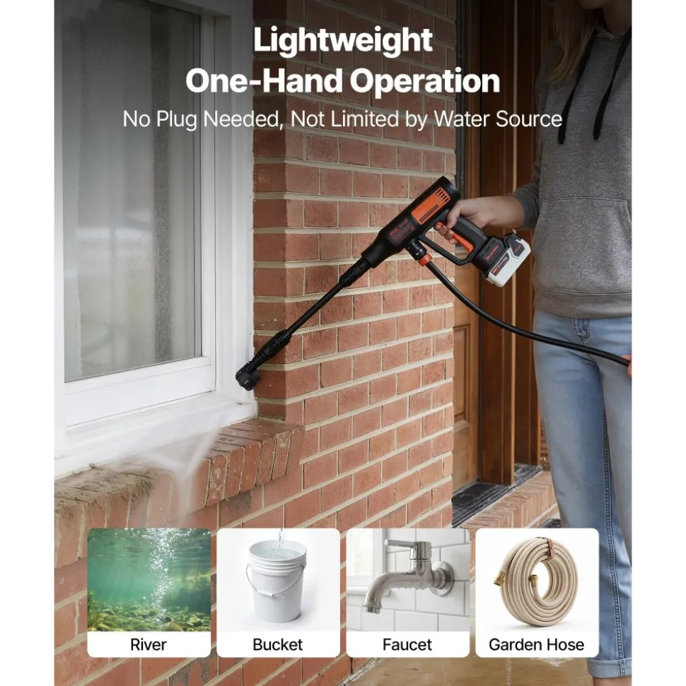VEVOR Cordless Pressure Washer, 1200PSI MAX Portable Pressure Washer with Brushless Motor, 6-in-1 Nozzle & Water Hose, 4 Speed Adjustable, Battery Powered Handheld Power Cleaner for Home Garden Patio