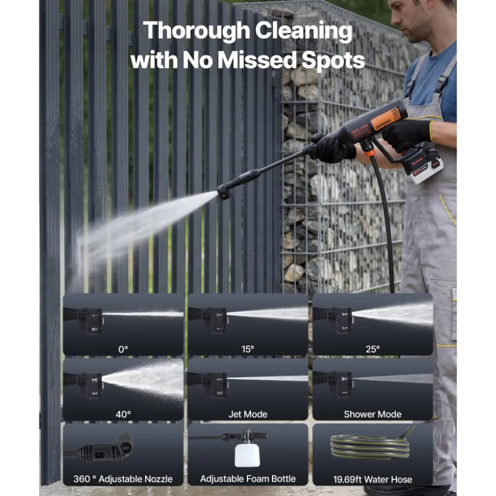 VEVOR Cordless Pressure Washer, 1200PSI MAX Portable Pressure Washer with Brushless Motor, 6-in-1 Nozzle & Water Hose, 4 Speed Adjustable, Battery Powered Handheld Power Cleaner for Home Garden Patio