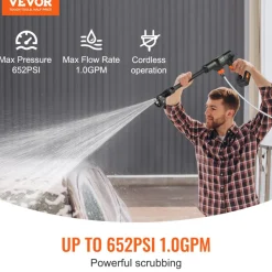 VEVOR Cordless Pressure Washer, 580-PSI 1.1 GPM Portable Power Cleaner, Handheld High-Pressure Car Washer Gun with 4.0Ah Battery, Charger, 6-in-1 Nozzle, for Home/Floor Cleaning & Watering