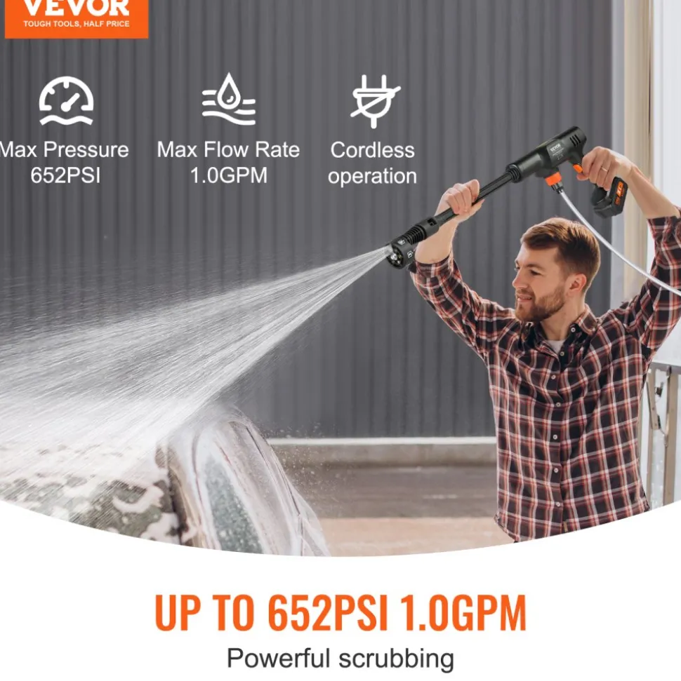 VEVOR Cordless Pressure Washer, 580-PSI 1.1 GPM Portable Power Cleaner, Handheld High-Pressure Car Washer Gun with 4.0Ah Battery, Charger, 6-in-1 Nozzle, for Home/Floor Cleaning & Watering