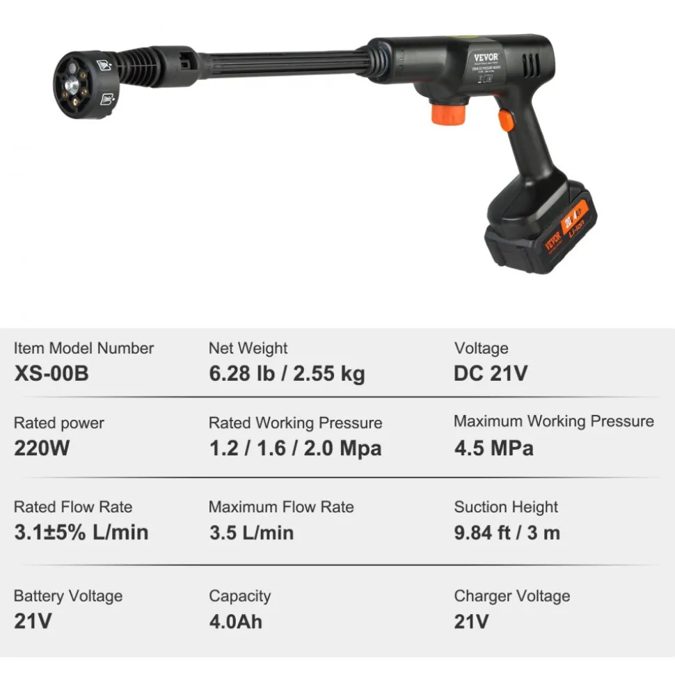 VEVOR Cordless Pressure Washer, 580-PSI 1.1 GPM Portable Power Cleaner, Handheld High-Pressure Car Washer Gun with 4.0Ah Battery, Charger, 6-in-1 Nozzle, for Home/Floor Cleaning & Watering