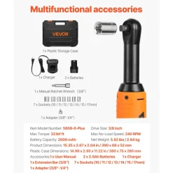 VEVOR Cordless Ratchet Wrench, 3/8 inch Drive, 230 RPM, up to 88 ft-lbs of Torque, Battery Powered Electric Ratchet Wrench Set with Two 2.0Ah Batteries, Charger, Sockets, Adaptors and Cloth Bag