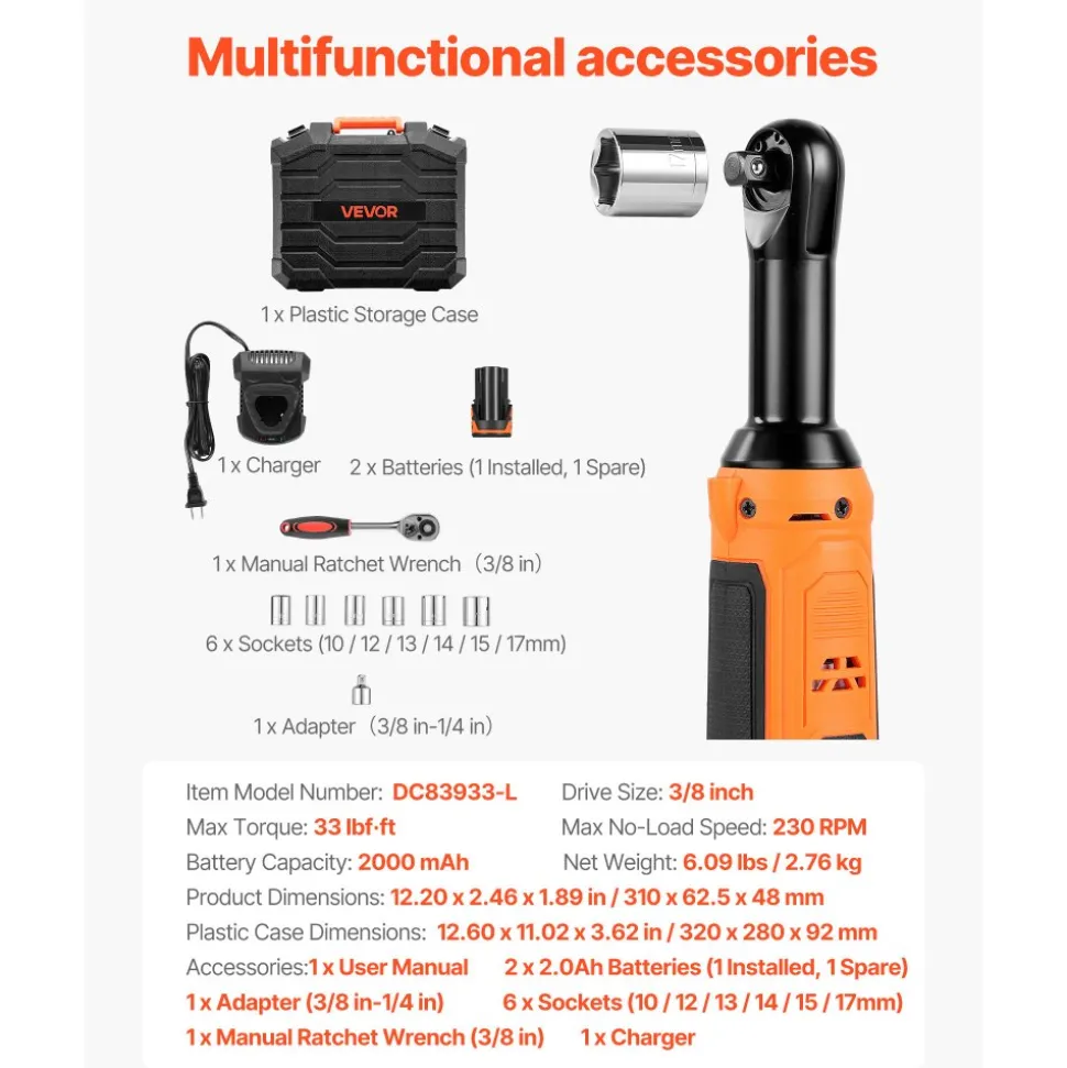 VEVOR Cordless Ratchet Wrench, 3/8 inch Drive, 230 RPM, up to 33 ft-lbs of Torque, Battery Powered Electric Ratchet Wrench Set with Two 2.0Ah Batteries, Charger, Sockets, Adaptor and Carrying Case