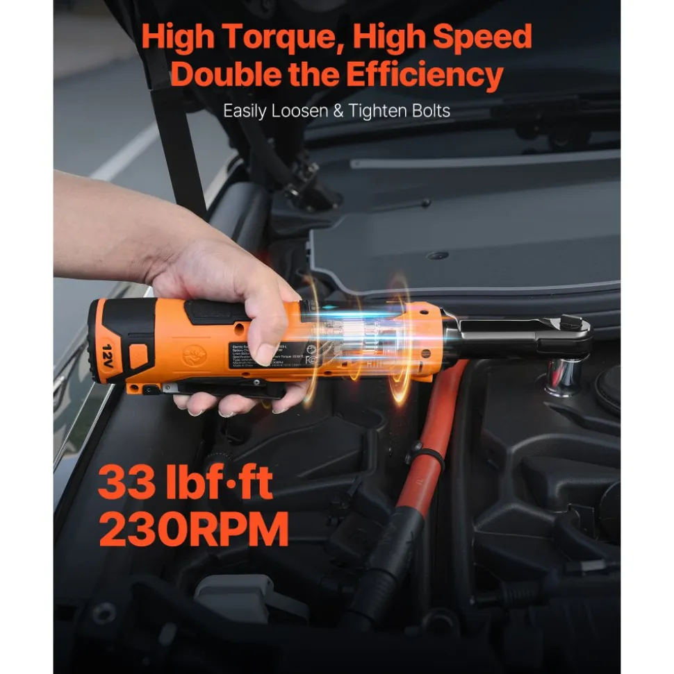 VEVOR Cordless Ratchet Wrench, 3/8 inch Drive, 230 RPM, up to 33 ft-lbs of Torque, Battery Powered Electric Ratchet Wrench Set with Two 2.0Ah Batteries, Charger, Sockets, Adaptor and Carrying Case