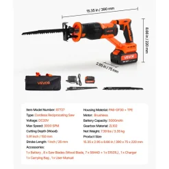 VEVOR Cordless Reciprocating Saw, 20 V, 3000 SPM Variable Speed, 1 inch Stroke Length, Electric Reciprocating Saw with Battery, Charger, 8 Blades, and Carrying Bag, for Wood and Plastic Cutting