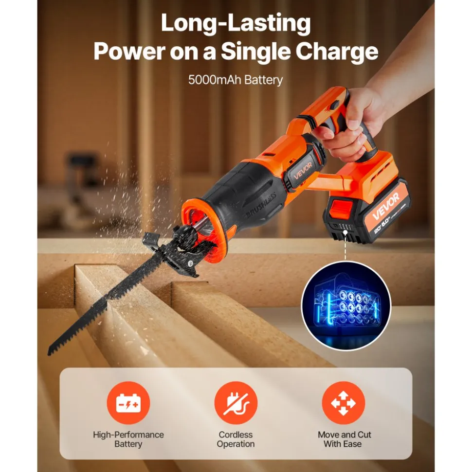 VEVOR Cordless Reciprocating Saw, 20 V, 3000 SPM Variable Speed, 1 inch Stroke Length, Electric Reciprocating Saw with Battery, Charger, 8 Blades, and Carrying Bag, for Wood and Plastic Cutting