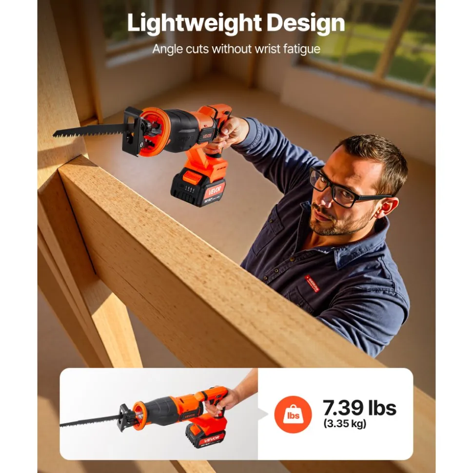 VEVOR Cordless Reciprocating Saw, 20 V, 3000 SPM Variable Speed, 1 inch Stroke Length, Electric Reciprocating Saw with Battery, Charger, 8 Blades, and Carrying Bag, for Wood and Plastic Cutting
