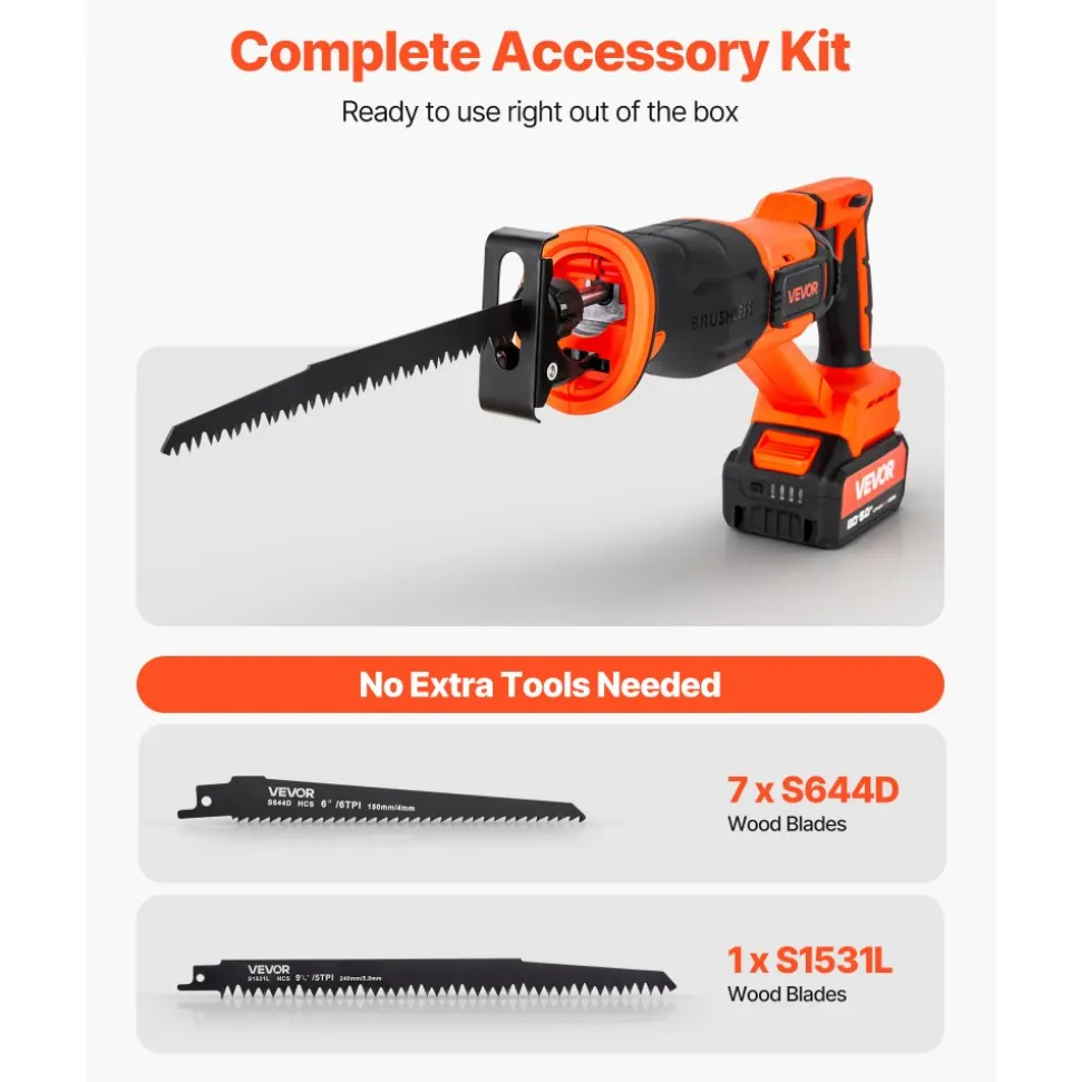VEVOR Cordless Reciprocating Saw, 20 V, 3000 SPM Variable Speed, 1 inch Stroke Length, Electric Reciprocating Saw with Battery, Charger, 8 Blades, and Carrying Bag, for Wood and Plastic Cutting