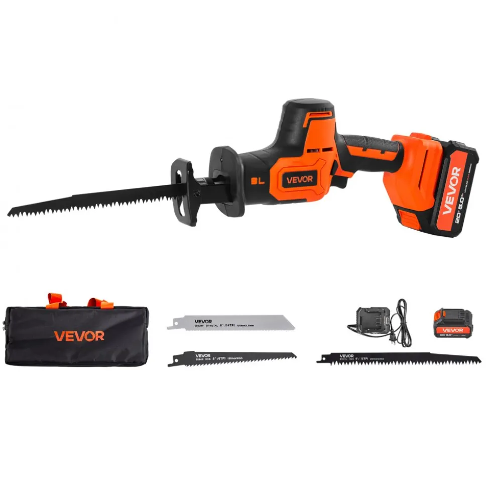 VEVOR Cordless Reciprocating Saw, 20 V, 3000 SPM Variable Speed, 1 inch Stroke Length, Electric Reciprocating Saw with Battery, Charger, 8 Blades, and Carrying Bag, for Wood, Metal and Plastic Cutting