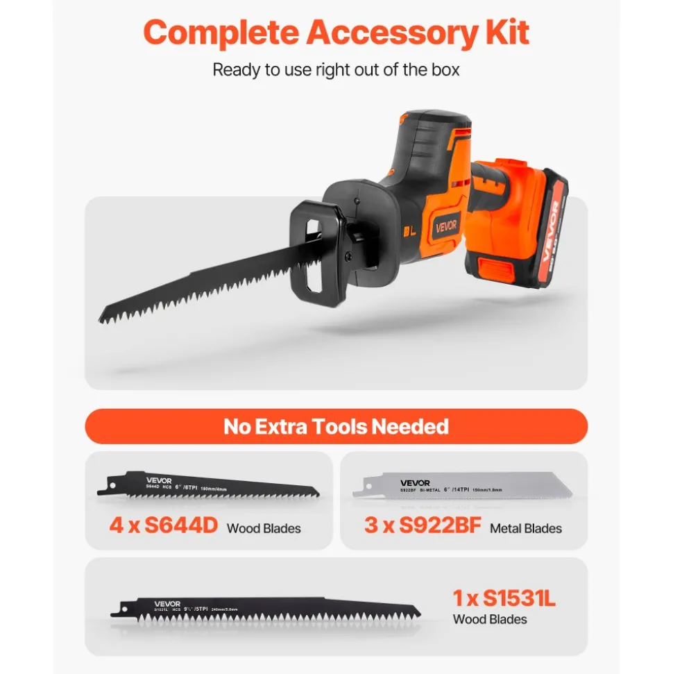 VEVOR Cordless Reciprocating Saw, 20 V, 3000 SPM Variable Speed, 1 inch Stroke Length, Electric Reciprocating Saw with Battery, Charger, 8 Blades, and Carrying Bag, for Wood, Metal and Plastic Cutting