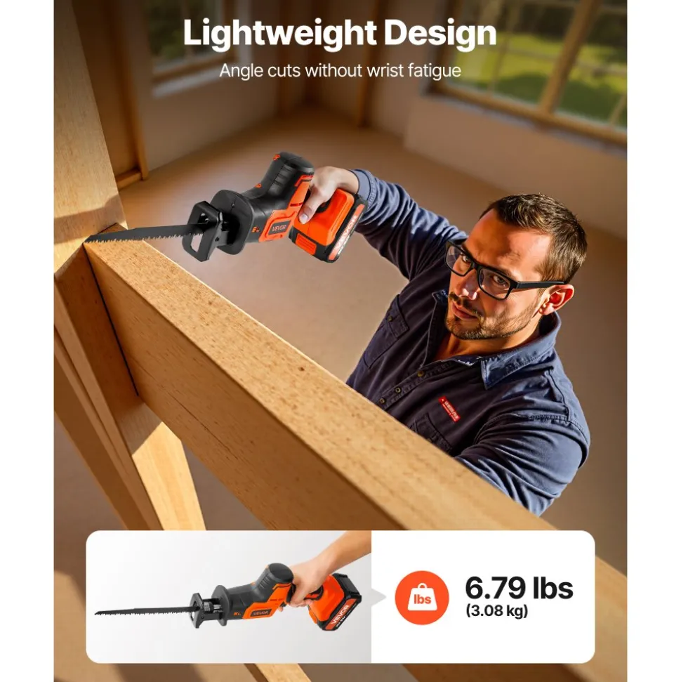 VEVOR Cordless Reciprocating Saw, 20 V, 3000 SPM Variable Speed, 1 inch Stroke Length, Electric Reciprocating Saw with Battery, Charger, 8 Blades, and Carrying Bag, for Wood, Metal and Plastic Cutting