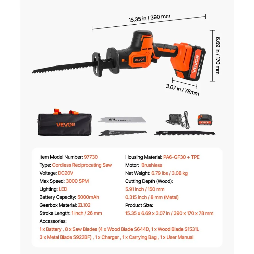 VEVOR Cordless Reciprocating Saw, 20 V, 3000 SPM Variable Speed, 1 inch Stroke Length, Electric Reciprocating Saw with Battery, Charger, 8 Blades, and Carrying Bag, for Wood, Metal and Plastic Cutting