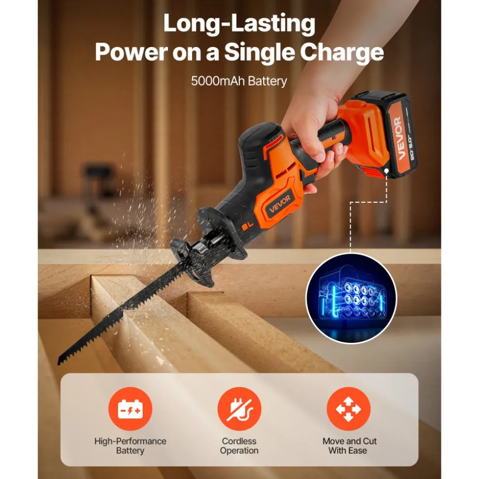 VEVOR Cordless Reciprocating Saw, 20 V, 3000 SPM Variable Speed, 1 inch Stroke Length, Electric Reciprocating Saw with Battery, Charger, 8 Blades, and Carrying Bag, for Wood, Metal and Plastic Cutting