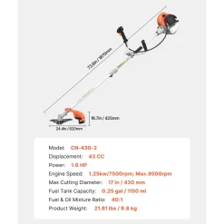 VEVOR Cordless String Trimmer, 43 cc 2-Stroke, Gas Powered Weed Wacker, 17