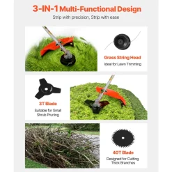 VEVOR Cordless String Trimmer, 52 cc 2-Stroke, Gas Powered Weed Wacker, 17" Cordless Grass Trimmer, Multi-Functional Lawn Edger with Shoulder Strap & 3T Blade, Weed Eater for Quick Grass Cleaning