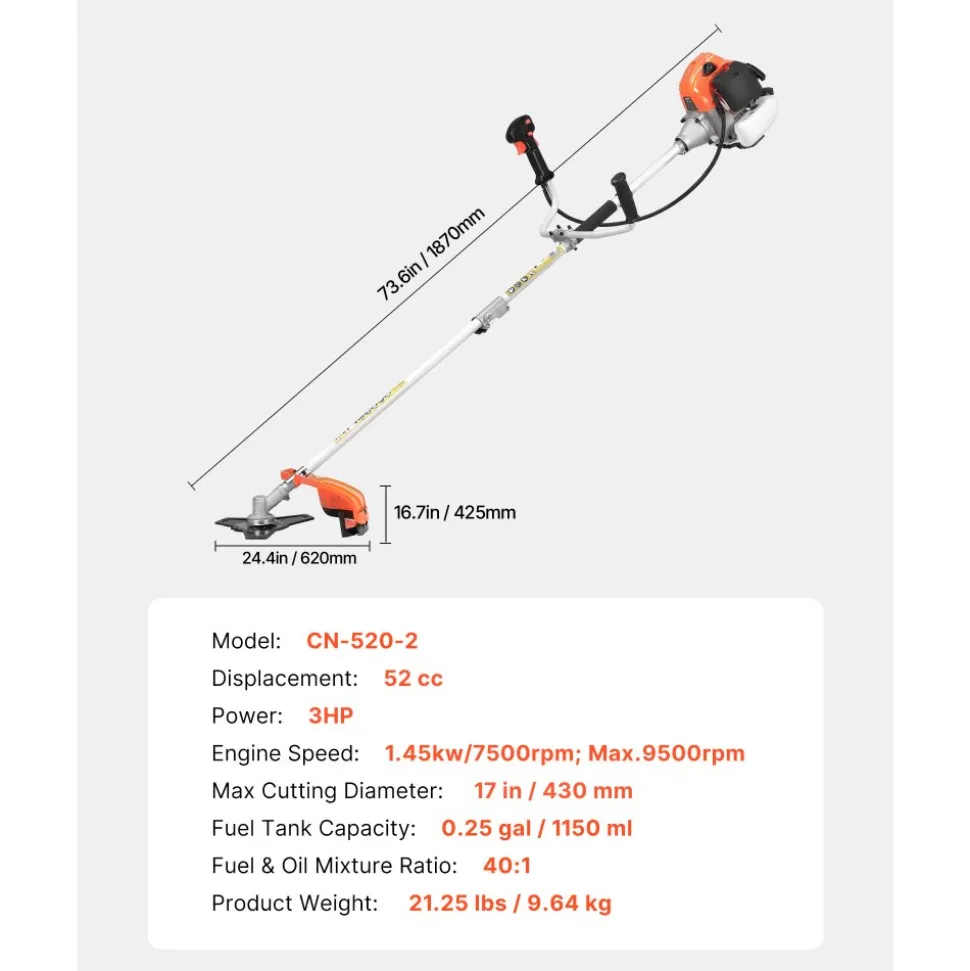 VEVOR Cordless String Trimmer, 52 cc 2-Stroke, Gas Powered Weed Wacker, 17" Cordless Grass Trimmer, Multi-Functional Lawn Edger with Shoulder Strap & 3T Blade, Weed Eater for Quick Grass Cleaning