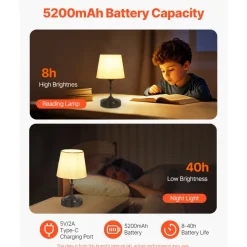 VEVOR Cordless Table Lamp, 5200mAh Built-in Rechargeable Battery Small Desk Lamp, 3-Level Brightness, Fabric Shade, 2700-3000K Color Temperature, Table Light for Restaurant, Bedroom, Bars, Black