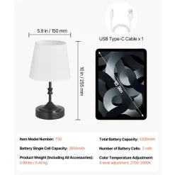 VEVOR Cordless Table Lamp, 5200mAh Built-in Rechargeable Battery Small Desk Lamp, 3-Level Brightness, Fabric Shade, 2700-3000K Color Temperature, Table Light for Restaurant, Bedroom, Bars, Black