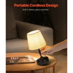 VEVOR Cordless Table Lamp, 5200mAh Built-in Rechargeable Battery Small Desk Lamp, 3-Level Brightness, Fabric Shade, 2700-3000K Color Temperature, Table Light for Restaurant, Bedroom, Bars, Black