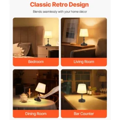 VEVOR Cordless Table Lamp, 5200mAh Built-in Rechargeable Battery Small Desk Lamp, 3-Level Brightness, Fabric Shade, 2700-3000K Color Temperature, Table Light for Restaurant, Bedroom, Bars, Black