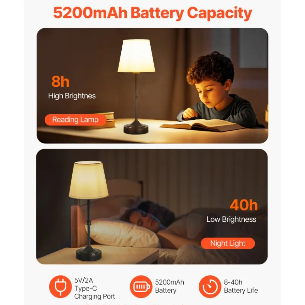 VEVOR Cordless Table Lamp, 5200mAh Built-in Rechargeable Battery Desk Lamp, 3-Level Brightness, Fabric Shade, 2700-3000K Color Temperature, Table Light for Restaurant, Bedroom, Bar Counter, Black