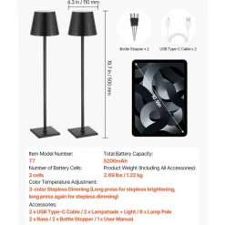 VEVOR Cordless Table Lamp, 2-Pack, 5200mAh Built-in Rechargeable Battery Desk Lamp, Stepless Dimming Up, 3 Adjustable Heights, Detachable Lampshade for Bottle, Restaurant, Bedroom, Outdoor, Black