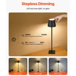 VEVOR Cordless Table Lamp, 2-Pack, 5200mAh Built-in Rechargeable Battery Desk Lamp, Stepless Dimming Up, 3 Adjustable Heights, Detachable Lampshade for Bottle, Restaurant, Bedroom, Outdoor, Black