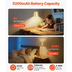 VEVOR Cordless Table Lamp, 2-Pack, 5200mAh Built-in Rechargeable Battery Desk Lamp, Stepless Dimming Up, 3 Adjustable Heights, Detachable Lampshade for Bottle, Restaurant, Bedroom, Outdoor, Gold