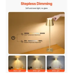 VEVOR Cordless Table Lamp, 2-Pack, 5200mAh Built-in Rechargeable Battery Desk Lamp, Stepless Dimming Up, 3 Adjustable Heights, Detachable Lampshade for Bottle, Restaurant, Bedroom, Outdoor, Gold