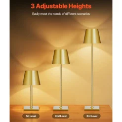 VEVOR Cordless Table Lamp, 2-Pack, 5200mAh Built-in Rechargeable Battery Desk Lamp, Stepless Dimming Up, 3 Adjustable Heights, Detachable Lampshade for Bottle, Restaurant, Bedroom, Outdoor, Gold