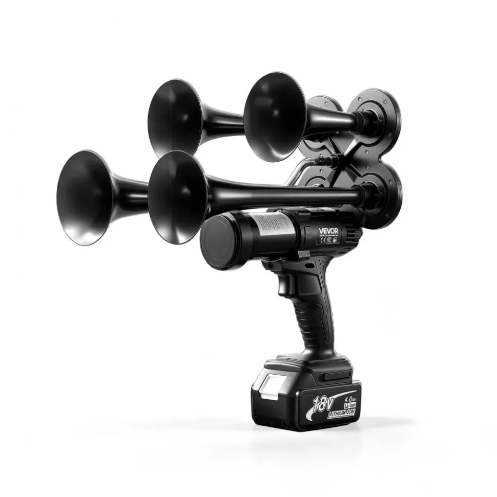 VEVOR Cordless 4-Trumpet Air Horn 130dB Train Air Horn & Built-in Air Pump, 18V 4Ah Lithium Battery, Powerful Sound, Strong Penetration, Handheld Portable for Vehicle Alerts, Holiday & Sporting Events