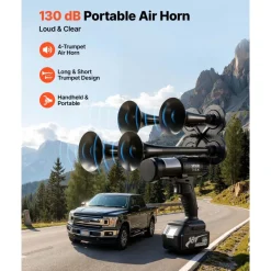 VEVOR Cordless 4-Trumpet Air Horn 130dB Train Air Horn & Built-in Air Pump, 18V 4Ah Lithium Battery, Powerful Sound, Strong Penetration, Handheld Portable for Vehicle Alerts, Holiday & Sporting Events
