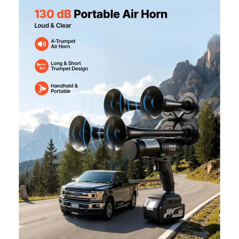 VEVOR Cordless 4-Trumpet Air Horn 130dB Train Air Horn & Built-in Air Pump, 18V 4Ah Lithium Battery, Powerful Sound, Strong Penetration, Handheld Portable for Vehicle Alerts, Holiday & Sporting Events