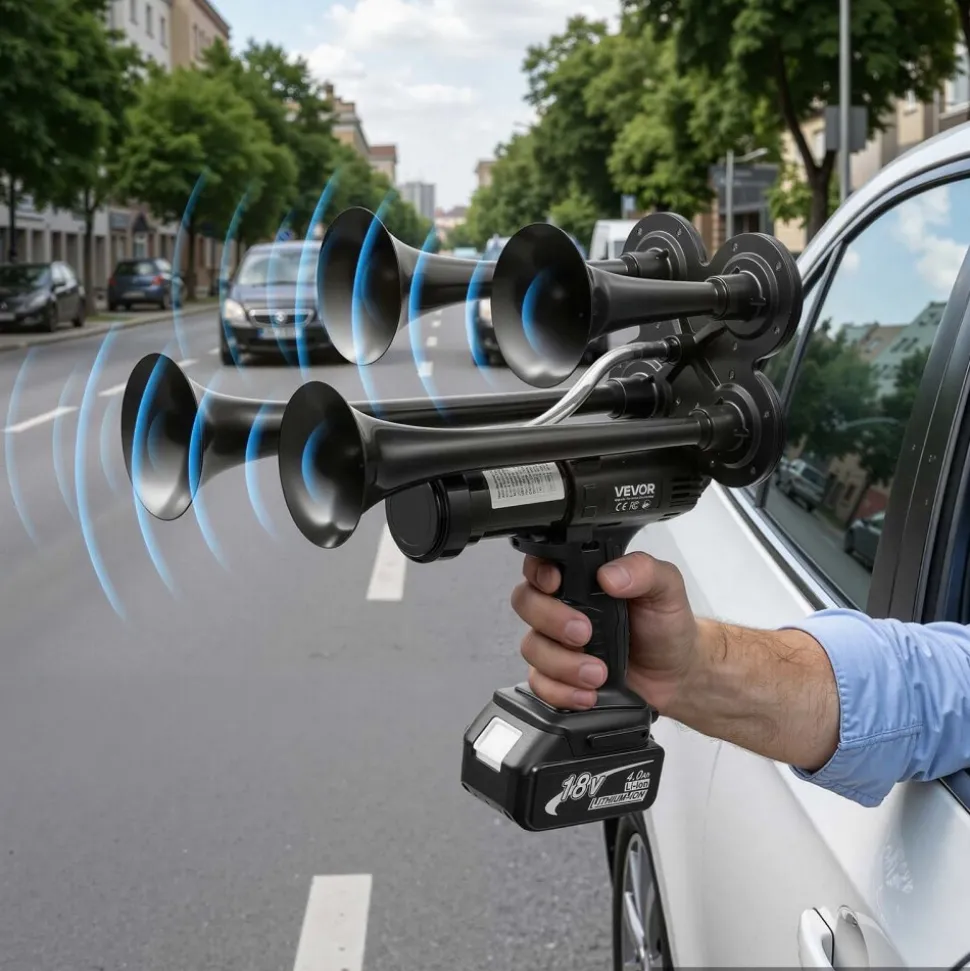 VEVOR Cordless 4-Trumpet Air Horn 130dB Train Air Horn & Built-in Air Pump, 18V 4Ah Lithium Battery, Powerful Sound, Strong Penetration, Handheld Portable for Vehicle Alerts, Holiday & Sporting Events