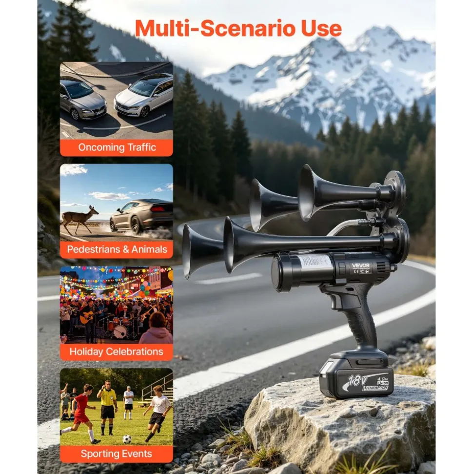 VEVOR Cordless 4-Trumpet Air Horn 130dB Train Air Horn & Built-in Air Pump, 18V 4Ah Lithium Battery, Powerful Sound, Strong Penetration, Handheld Portable for Vehicle Alerts, Holiday & Sporting Events