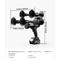 VEVOR Cordless 4-Trumpet Air Horn 130dB Train Air Horn & Built-in Air Pump, 18V 4Ah Lithium Battery, Powerful Sound, Strong Penetration, Handheld Portable for Vehicle Alerts, Holiday & Sporting Events