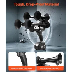 VEVOR Cordless 4-Trumpet Air Horn 130dB Train Air Horn & Built-in Air Pump, 18V 4Ah Lithium Battery, Powerful Sound, Strong Penetration, Handheld Portable for Vehicle Alerts, Holiday & Sporting Events