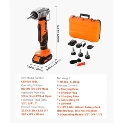 VEVOR Cordless Tube Expander, 20V Max Electric Tubing Expansion Tool for 1/2", 3/4", 1" PEX-A Pipes, 22000RPM Pipe Expander with 3 Expanding Head, 2pcs 2AH Battery, Fast Charger & Carrying Case