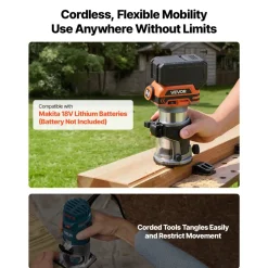 VEVOR Cordless Wood Router, 18V Brushless, Compact Variable Speed Palm Router with Fixed Base, 1/4-Inch Collet, Edge Trimmer Tool for Woodworking, Compatible with Makita 18V Batteries (No Battery)