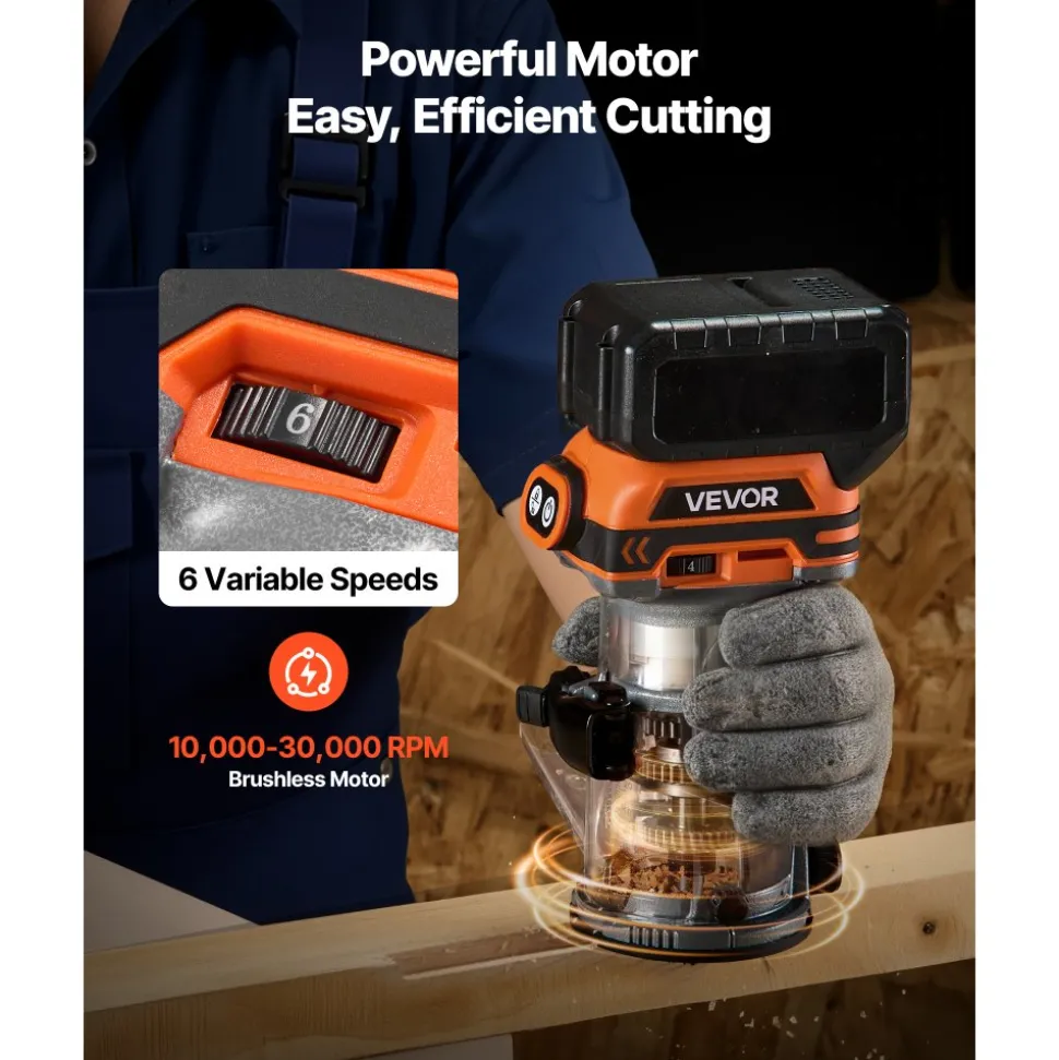 VEVOR Cordless Wood Router, 18V Brushless, Compact Variable Speed Palm Router with Fixed Base, 1/4-Inch Collet, Edge Trimmer Tool for Woodworking, Compatible with Makita 18V Batteries (No Battery)