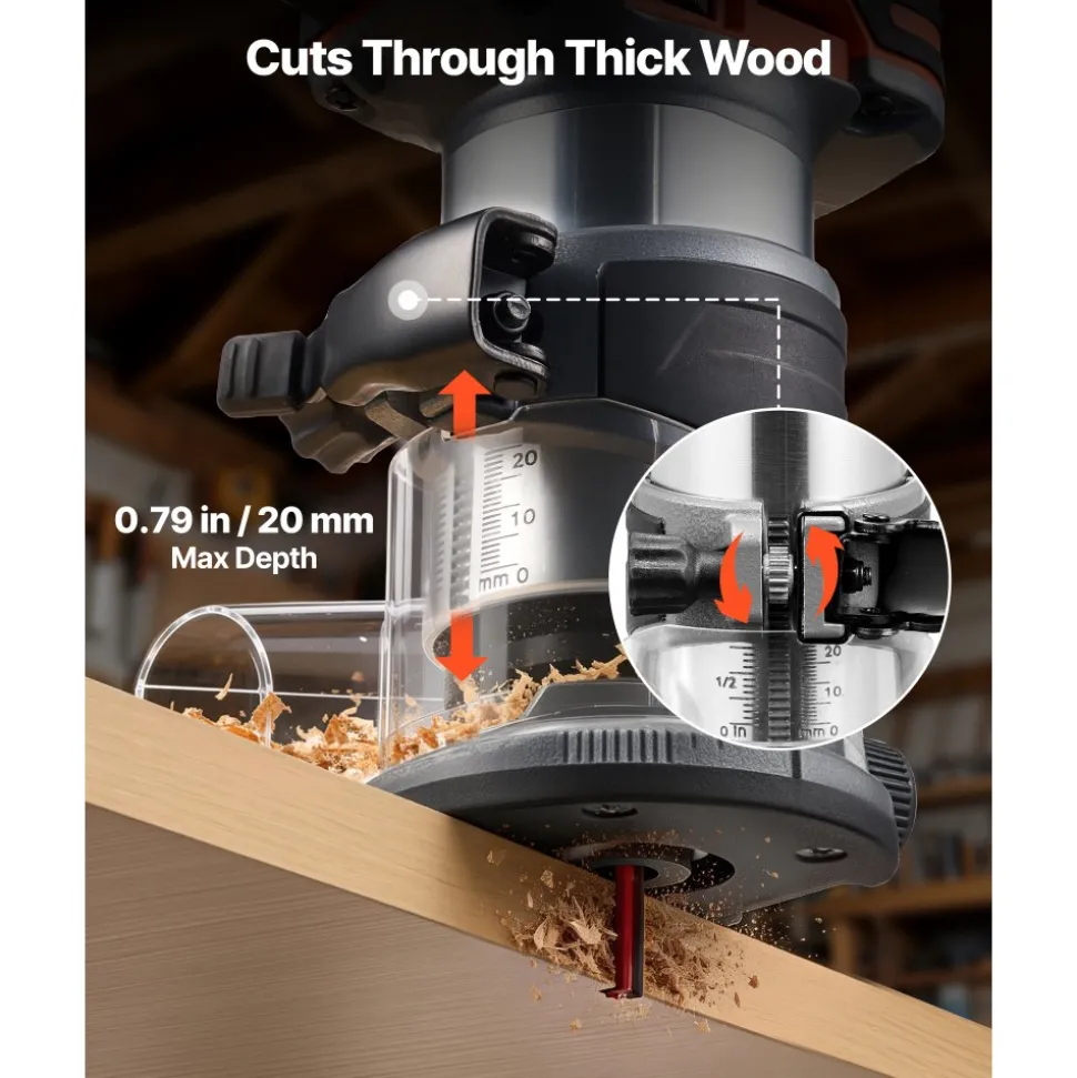 VEVOR Cordless Wood Router, 18V Brushless, Compact Variable Speed Palm Router with Fixed Base, 1/4-Inch Collet, Edge Trimmer Tool for Woodworking, Compatible with Makita 18V Batteries (No Battery)