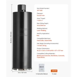 VEVOR Core Drill Bit, 5 inch Diameter, 14 inch Drilling Depth, 1-1/4 in-7 Internal Thread, High-Precision Welding Technology, Wet Diamond Core Bit for Reinforced Concrete, Red Bricks, and Masonry