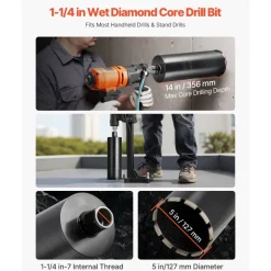 VEVOR Core Drill Bit, 5 inch Diameter, 14 inch Drilling Depth, 1-1/4 in-7 Internal Thread, High-Precision Welding Technology, Wet Diamond Core Bit for Reinforced Concrete, Red Bricks, and Masonry