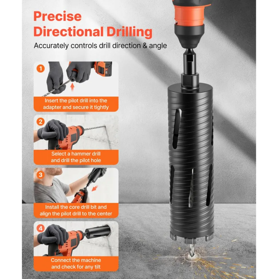VEVOR Core Drill Bit, 3 inch Diameter, 9-1/2 inch Drilling Depth, 5/8-11 Internal Thread, Diamond Dry Coring Bit with 3 Adapters, Pilot Drill and Hex Wrench, for Concrete, Red Bricks, and Masonry